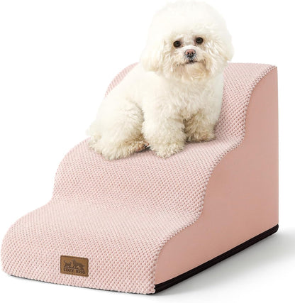 COZY KISS Dog Stairs for Small Dogs 15.7" H, Curved Dog Step for Puppy, Older Cat, Medium Pet Ramp for Sofa, Couch or Chair, Ladder with High Density Foam, 3 Step, 15.7x22.4x15.7 inch, Beige