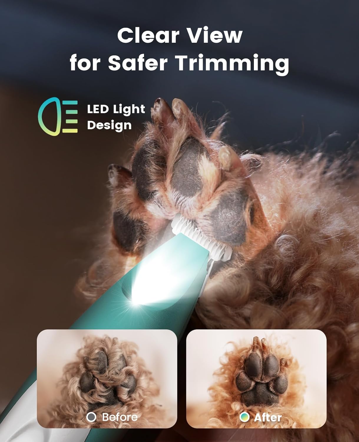 oneisall Low-Noise Dog Paw Trimmer with LED Light, Paw Trimmer for Dogs &Cats 0.8inch/20mm Wide Blade, 35dB Cordless Electric Pet Paw Grooming Clippers for Paws, Ears, Face, Rump