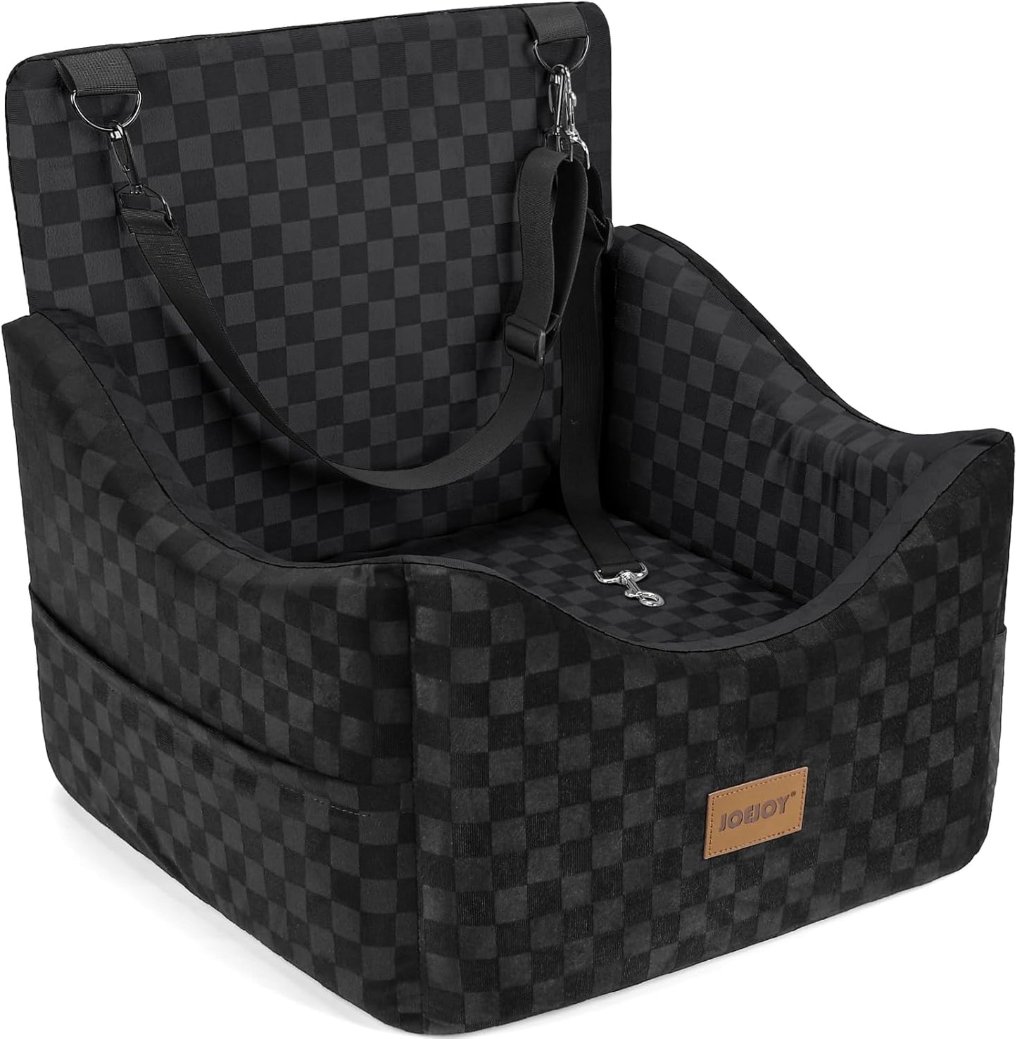 JOEJOY Elevated Dog Car Seat for Small/Medium Dogs up to 35 lbs, Memory Foam Booster Seat with Detachable Washable Cover, Travel-Safe Car Bed with Safety Belts & Storage Pockets, Grey