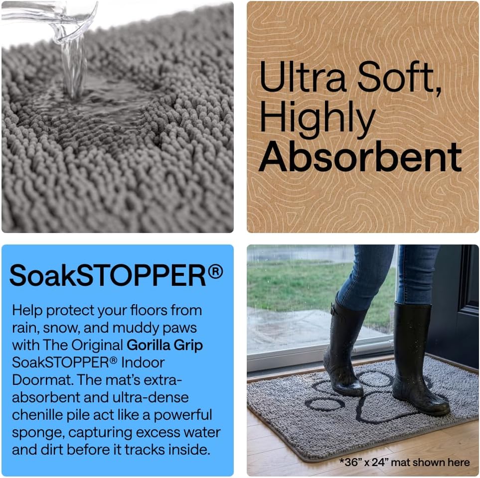 GORILLA GRIP SoakSTOPPER Dog Door Mat, 30x20 Machine Washable Rug Absorbent Doormat Captures Moisture Mud Dirt, Quick Dry Soft Chenille Entryway Rugs Indoor Entrance Mats for Dog Paws, Paw Grey