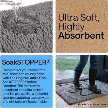 GORILLA GRIP SoakSTOPPER Dog Door Mat, 30x20 Machine Washable Rug Absorbent Doormat Captures Moisture Mud Dirt, Quick Dry Soft Chenille Entryway Rugs Indoor Entrance Mats for Dog Paws, Paw Grey