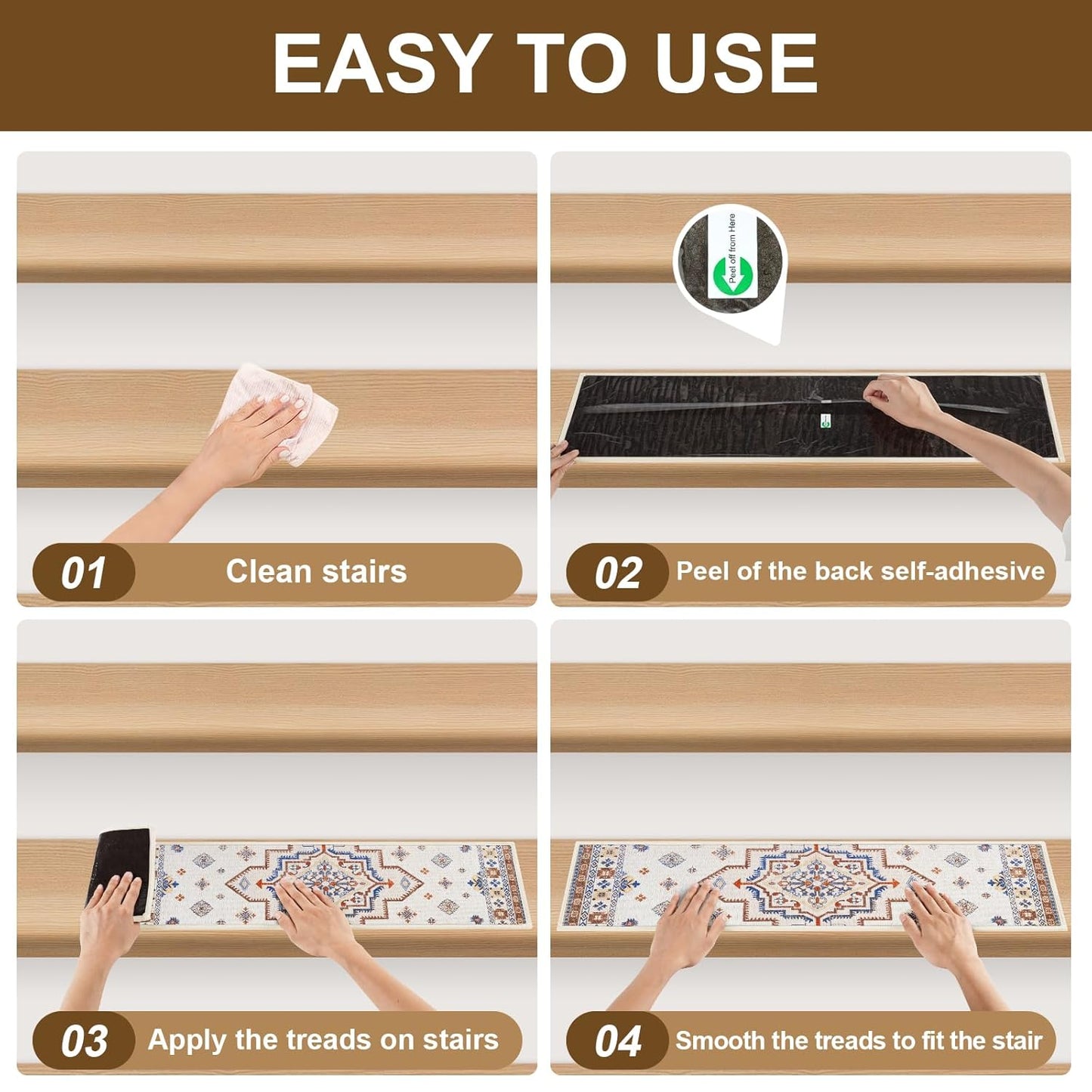 Non Slip Stair Treads for Wooden Steps Indoor, Dark Grey, 15pcs, 30"X8", Soft Carpet Mat, Machine Washable Boho Carpet Treads with Reusable Adhesive Backing, Safety Stair Tread for Dogs, Kids, Elders