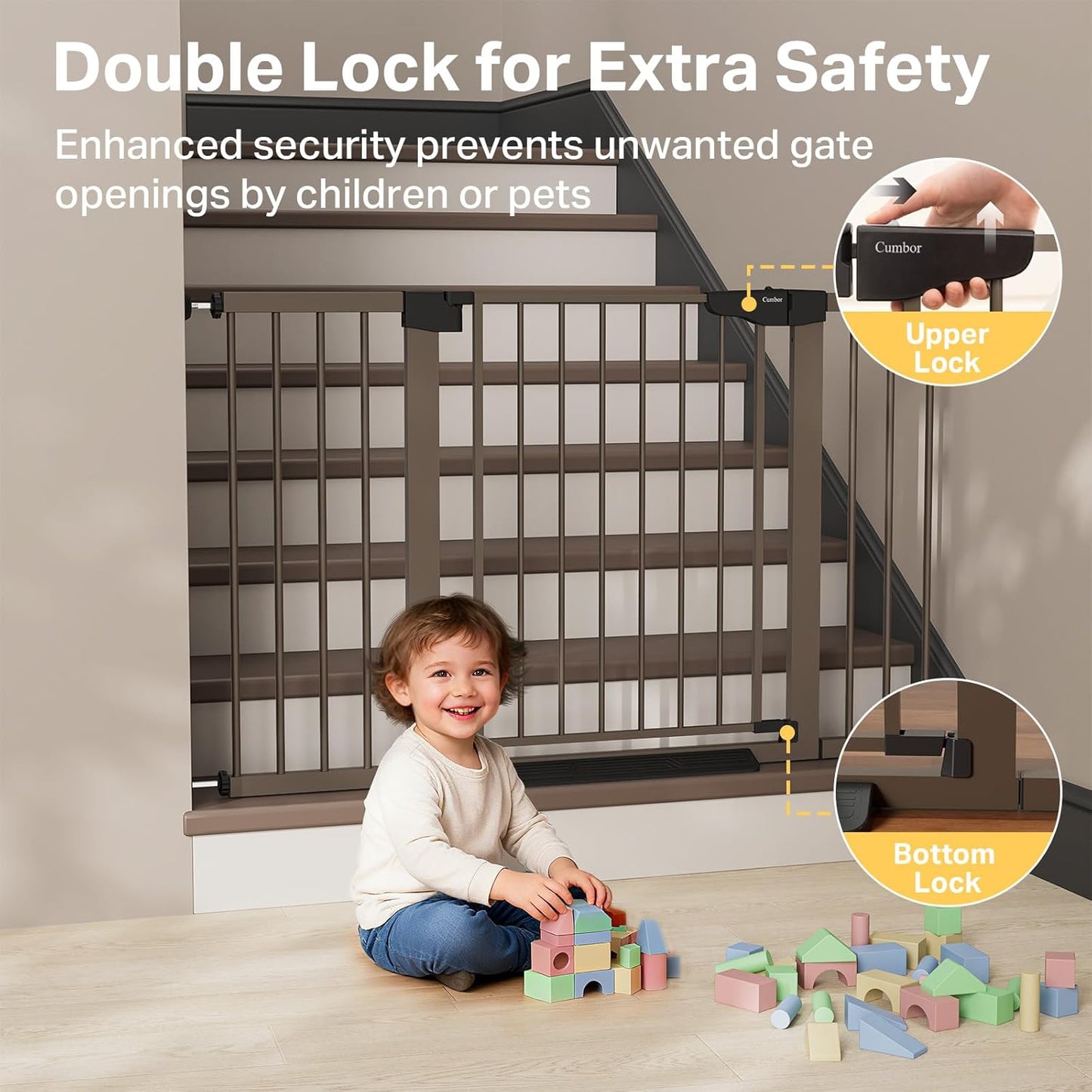 Cumbor 36.6-64" Extra Wide Baby Gate for Stairs, Dog Gates for Doorways, Auto-Close Pet Gate Indoor, Pressure Mounted Walk Through Safety Child Gate for Kids Toddler, Tall Pet Puppy Fence Gate, Brown