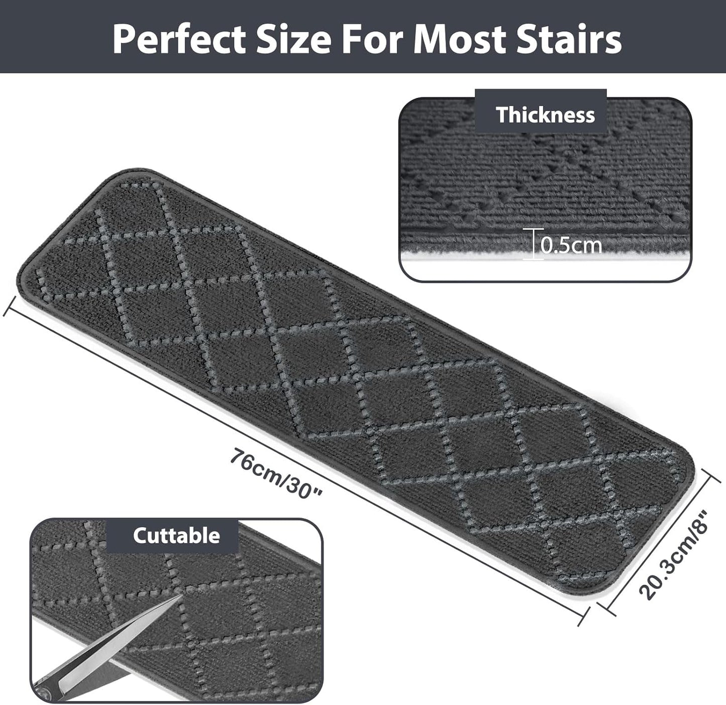Fixmend Stair Treads Non Slip for Wooden Steps, 8" X 30" (15-Pack) Stair Runner Carpet Treads Indoor with Reusable Adhesive, Stairslide Carpets Rugs Safety Mats for Elders, Kids & Dogs, Dark Grey Leaf