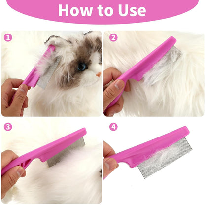 TIESOME Pet Hair Comb Tear Stain Removal,2 Pack Multifunctional Pets Grooming Comb Kit 2 in 1 Dog Combs Stainless Grooming Massage Dual-Sided Comb for Knots Crust Floating Hair Tangle Fleas(Pink)