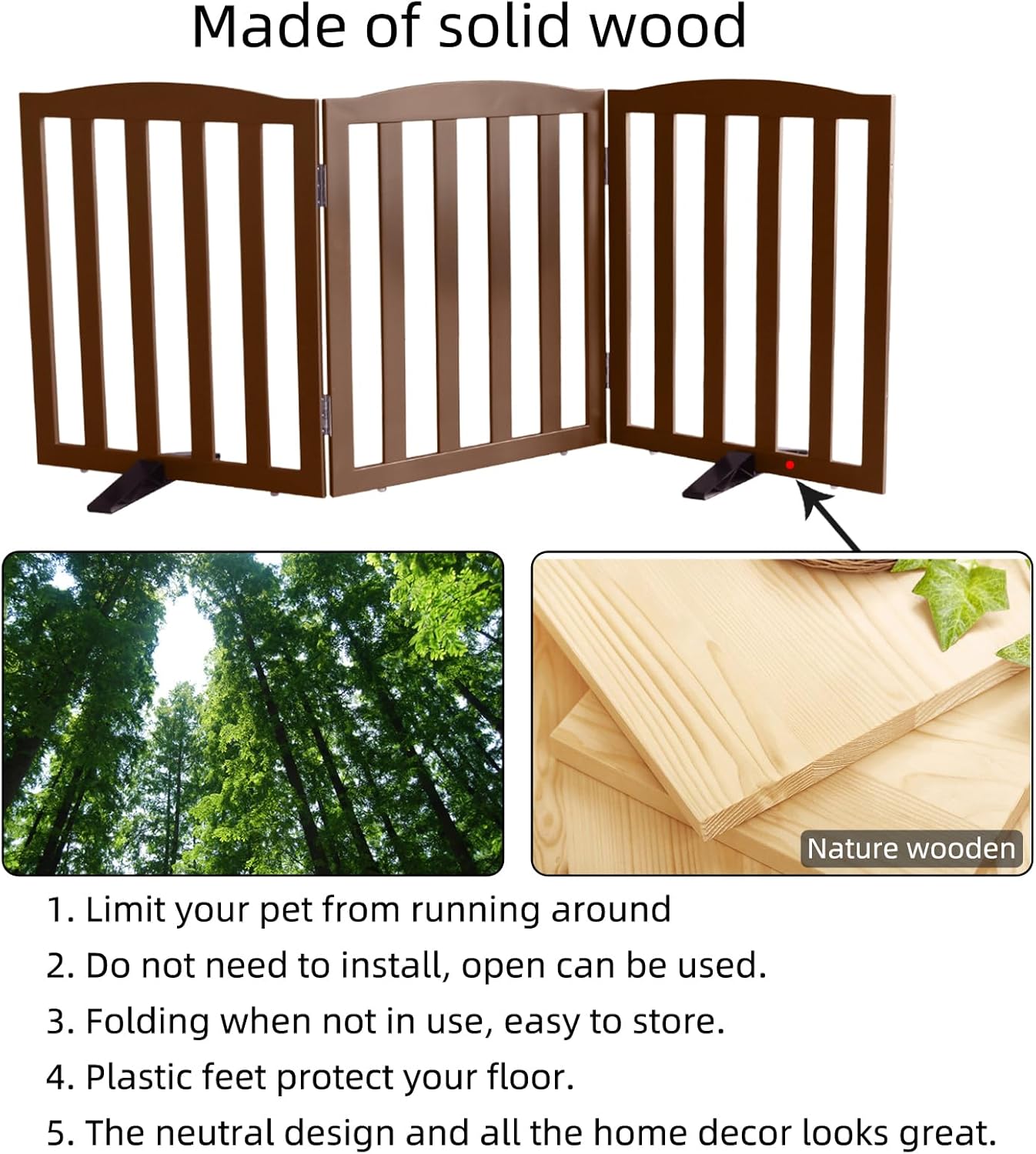 Freestanding Dog Gate Indoor,Doggie Gate Foldable Dog Gates for Doorways,Stairs or Hallways, Wooden White Pet Gate for the House, Pet Fence with Support Feet Included,24 "Height-4 Panels
