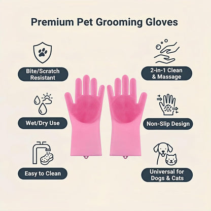 Silicone Dog Grooming Glove for Dogs and Cats, Enhanced Five-Finger Fit, Non-Slip & Extended Cuff, Dual-Sided Pet Bath Brush for Washing, Massage & Deep Cleaning 1 Pair (Pink)