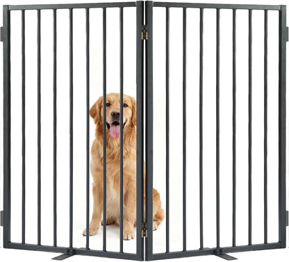 Metal Freestanding Dog Gate with Cat Door for Outdoor Indoor,80" Extra Wide Foldable Pet Fence,30" Tall Dog Gate for Large Opening,Stairs,Hallways,Doorways,Deck,Yard,with 3PCS Support(4 Panels,Black)