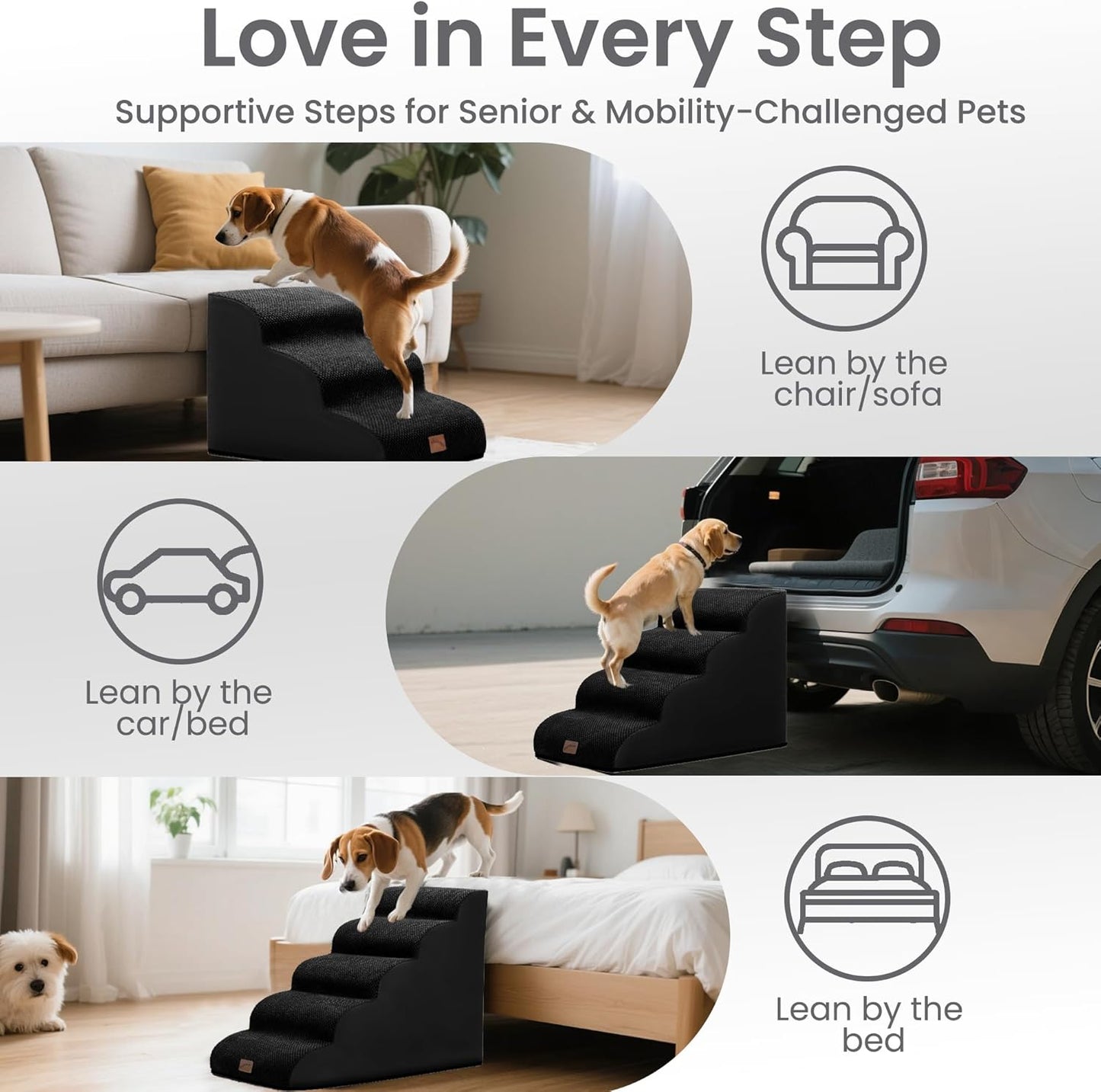 GoGoBunny Ramp Dog Stairs for Couch Sofa and Chair 15.7" H, 3-Step Pet Steps for Small Dogs and Cats, Non-Slip Waterproof Fabric Cover, Stable and Balanced Indoor Step, Pets Friendly, Grey