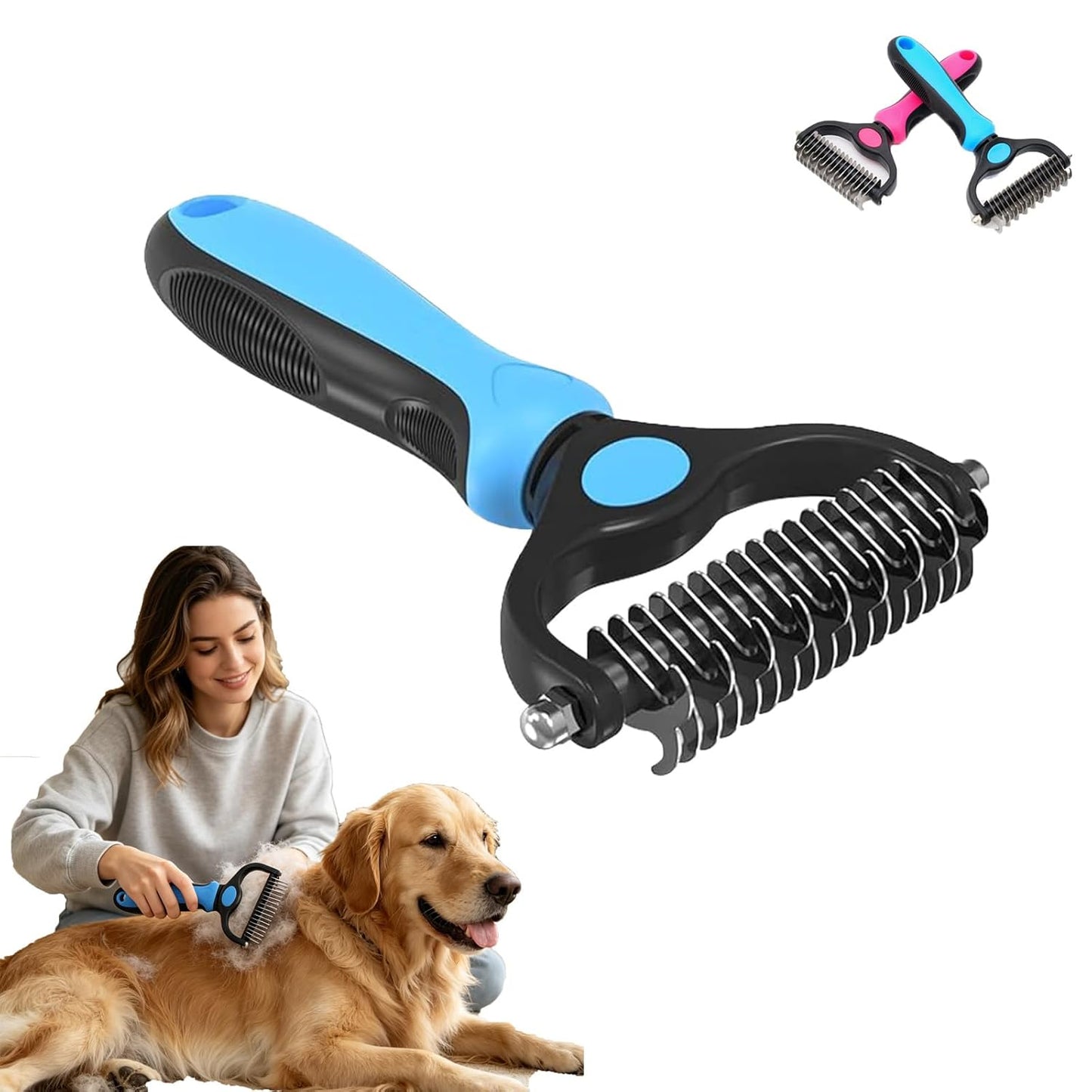 Acssart Pet Grooming Brush – Double Sided Undercoat Rake & Dematting Comb For Dogs And Cats, Detangling Tool For Matted Fur, Ideal For Medium Or Long Haired Breeds (Blue, Small)