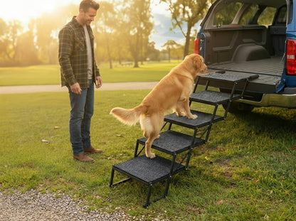 Foldable Dog Stairs for Cars Trucks & SUVs - Heavy-Duty Carbon Steel Pet Ladder Supports 230LB - Non-Slip Metal Mesh Joint-Friendly Portable Ramp for Large Dogs - 5 Step Pet Stairs w/Mat