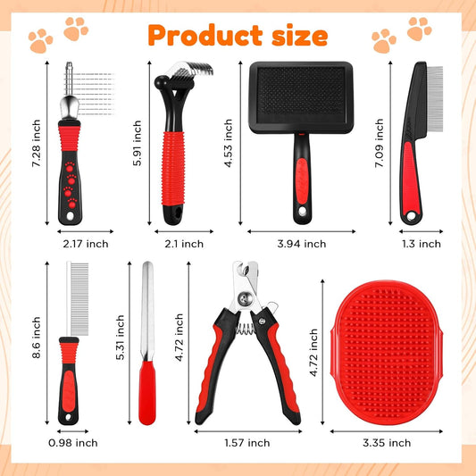 Baderke 8 Pc Pet Grooming Kit - Dematting Comb, Detangling Brush, Rake, Bath Brush, Nail Clipper & File for Dogs & Cats