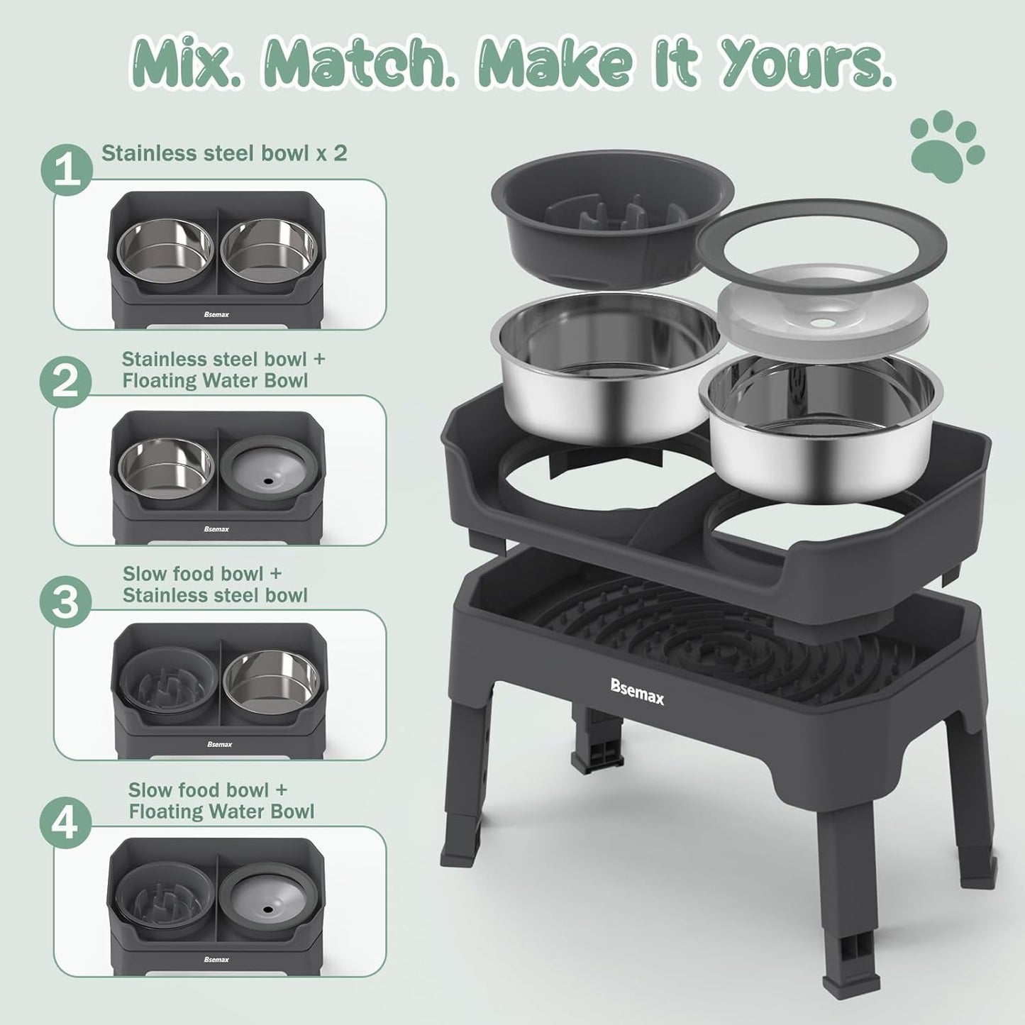 4 in 1 Adjustable Elevated Dog Bowls with 2*Stainless Steel Bowls, Anti-Spill Water Bowl, 4 Heights Raised Dog Bowl Stand for Small to Medium & Growing Large Puppies, Anti-Slip, Mess Proof Design