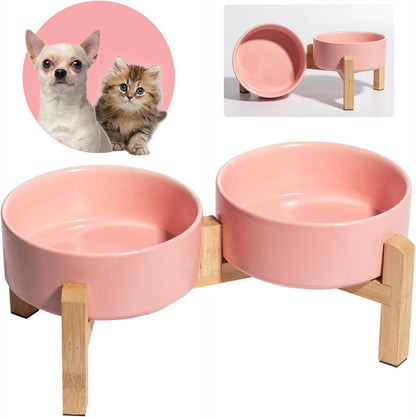 Elevated Ceramic Dog Bowl Set - Raised Dog Bowls with Non-Slip Bamboo Stand - Dog Food and Water Bowl Set - Double Dog Feeding Bowls - Suitable for Small and Medium Dogs - 28.74 OZ - 3.6 CUPS - 850 ML
