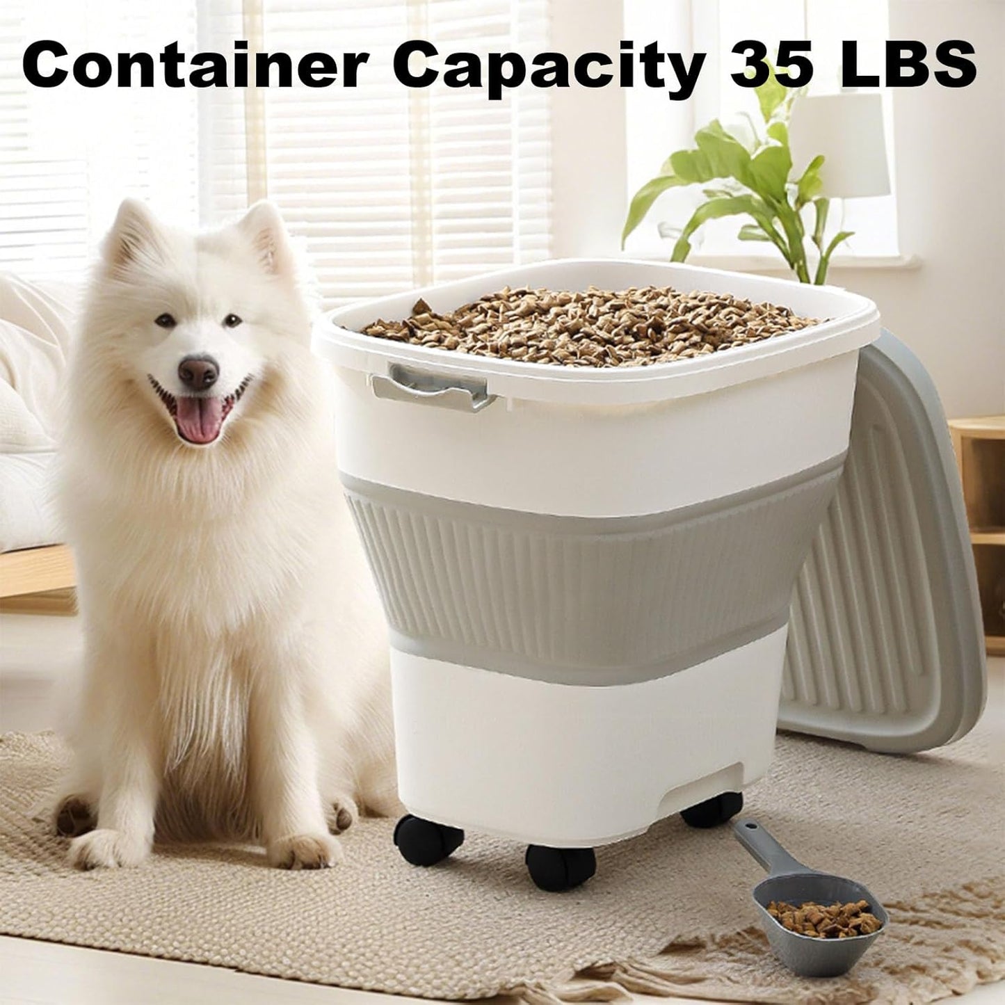 SEWIU 2pack 25 lbs Dog Food Storage Container,Collapsible Dog Food Container with Scoop,Pet/Dog/Cat/Bird Food/Cat litter Storage Containers to Keep Dry,Easy to Move.(Black+white)