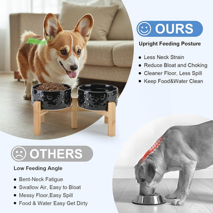 SPUNKYJUNKY Elevated Dog Bowls Ceramic, 6.1'' Dogs and Cat Food Water Bowls Raised with Non-Slip Bamboo Stand for Medium Sized Breed Microwave Dishwasher Safe - 28.7 OZ,Beige