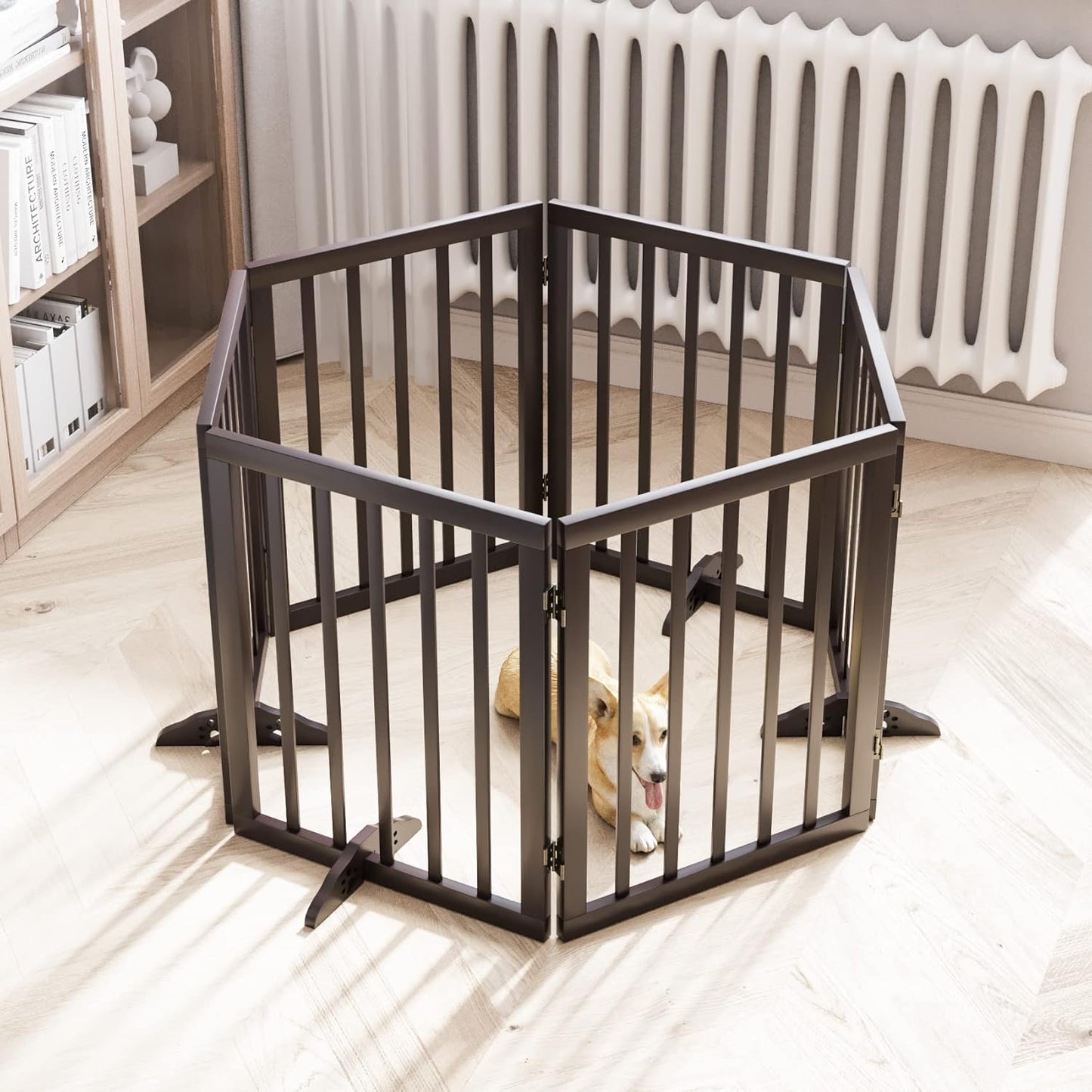 Freestanding Dog Gates Indoor, 3-Panel Pet Gates with 2 Metal Stands and 360° Hinge, 24" H Foldable Dog Gate for Stairs, Doorway, Kitchen, Expands Up to 55" Fully Assembled - Black Walnut