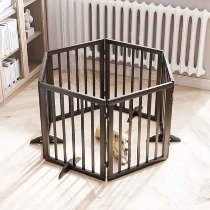 Freestanding Dog Gates Indoor, 3-Panel Pet Gates with 2 Metal Stands and 360° Hinge, 24" H Foldable Dog Gate for Stairs, Doorway, Kitchen, Expands Up to 55" Fully Assembled - Black Walnut