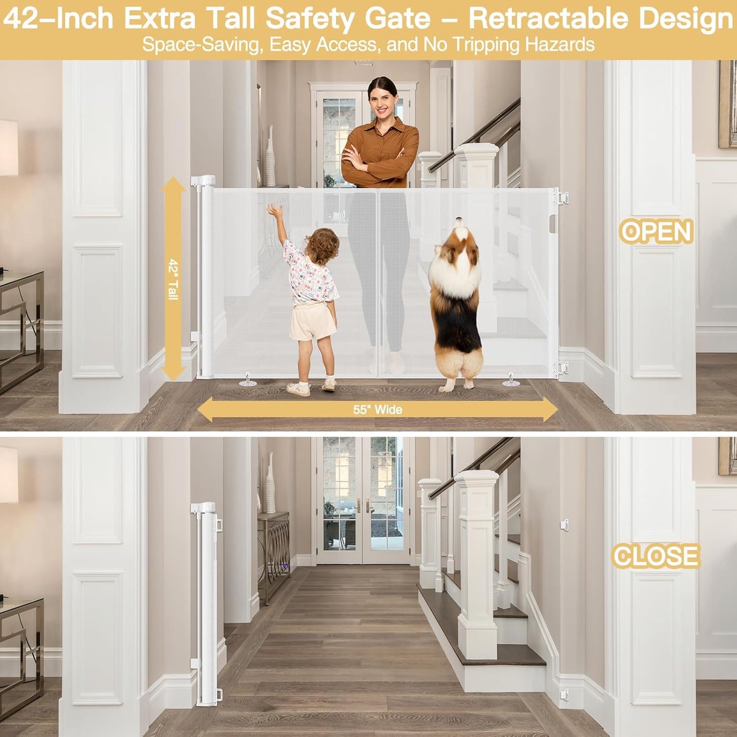 Reinforced 42" Tall Retractable Dog Gate, 155" Extra Long Retractable Baby Gate with Support Rods - Prevent Crawling Under, Indoor/Outdoor Retractable Gate Extra Tall Baby Gate Retractable Fence/Black