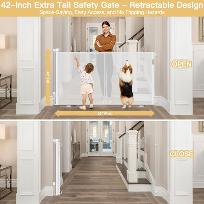 Reinforced 42" Tall Retractable Dog Gate, 155" Extra Long Retractable Baby Gate with Support Rods - Prevent Crawling Under, Indoor/Outdoor Retractable Gate Extra Tall Baby Gate Retractable Fence/Black