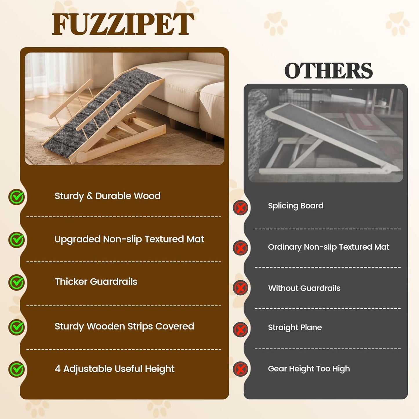 47" Long Non-Slip Portable Pet Ramp for Small Large Dogs, Dog Ramp for Bed, Wooden Adjustable Dog Ramps for Bed, Couch, Height from 12" to 24", Up to 200LBS