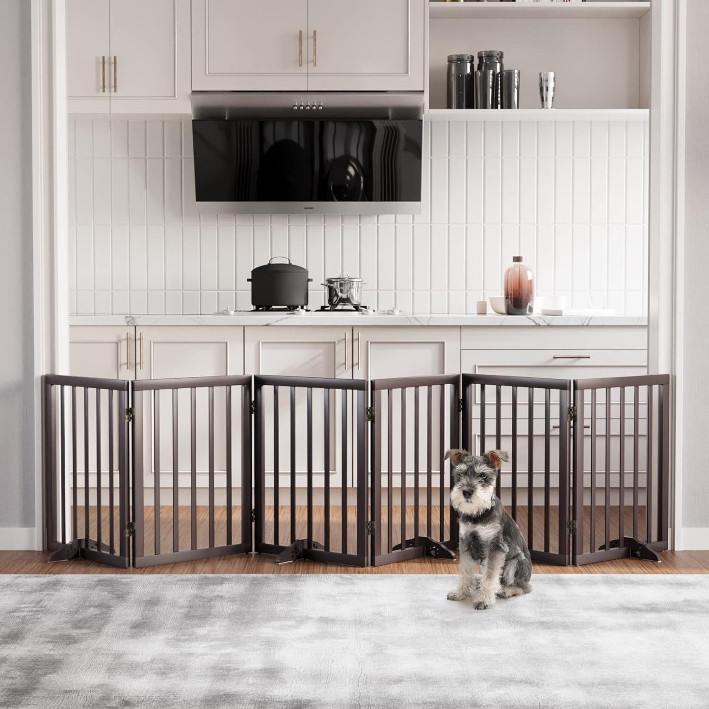 Freestanding Dog Gates Indoor, 3-Panel Pet Gates with 2 Metal Stands and 360° Hinge, 24" H Foldable Dog Gate for Stairs, Doorway, Kitchen, Expands Up to 55" Fully Assembled - Black Walnut