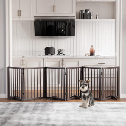 Freestanding Dog Gates Indoor, 3-Panel Pet Gates with 2 Metal Stands and 360° Hinge, 24" H Foldable Dog Gate for Stairs, Doorway, Kitchen, Expands Up to 55" Fully Assembled - Black Walnut