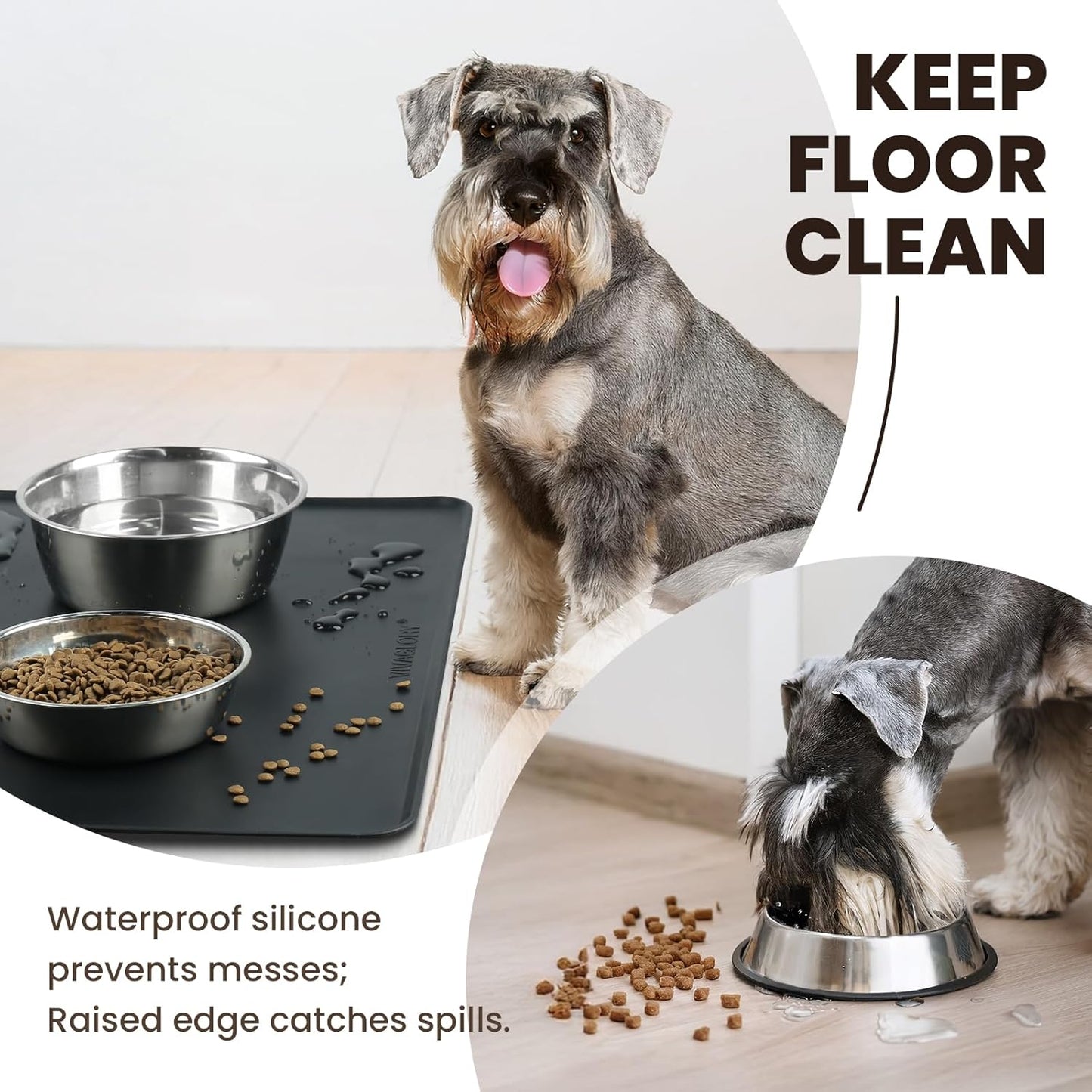 VIVAGLORY Dog Food Mat Flexmat Dog Bowl Mat, Placemat Food Tray with Raised Edges & Lip for Indoor Floor, Non Slip Waterproof Silicone Dish Placemat for Cat & Pet, S, Grey