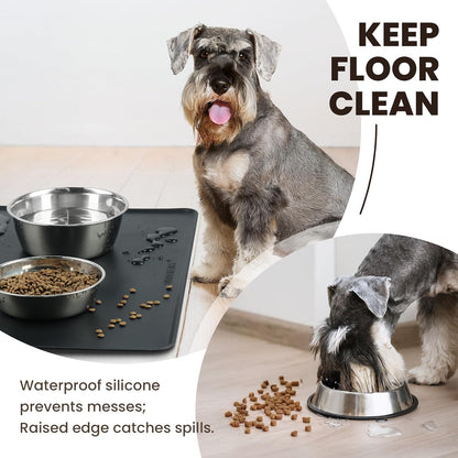 VIVAGLORY Dog Food Mat Flexmat Dog Bowl Mat, Placemat Food Tray with Raised Edges & Lip for Indoor Floor, Non Slip Waterproof Silicone Dish Placemat for Cat & Pet, S, Grey