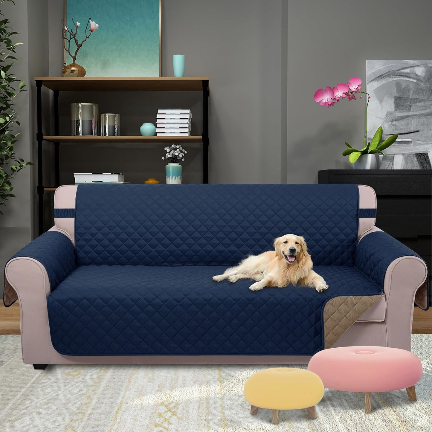 U-NICE HOME Reversible Sofa Cover Washable Couch Cover for Dogs Friendly with Elastic Straps Water Repellent Furniture Protector for 3 Cushion Couch (Sofa, Coffee/Beige) - Colors B