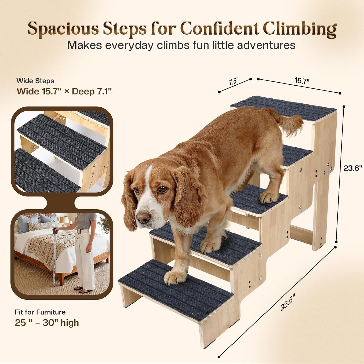 4-Step Wooden Dog Steps for Bed, Anti-Slip Dog Stairs with Carpet Pads, 23.6 Inches Pet Ramp for Dogs to Get on Bed, Pet Stairs for Old & Senior Dogs/Cats, Pet Steps Ladder for High Beds/Couch Sofa