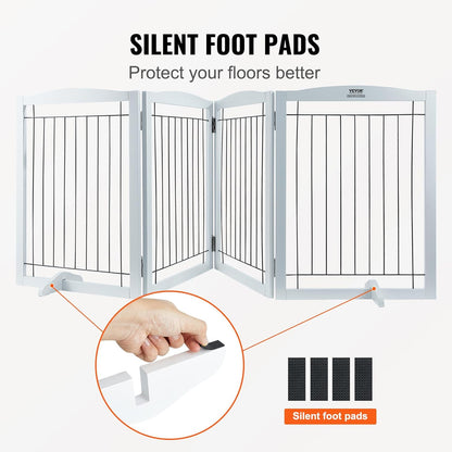 VEVOR Freestanding Pet Gate, Wooden 24" H x 80" W, 4-Panel Foldable Gate for Wide & Narrow Passageways, Expandable Dog Barrier with Silent Foot Support, White