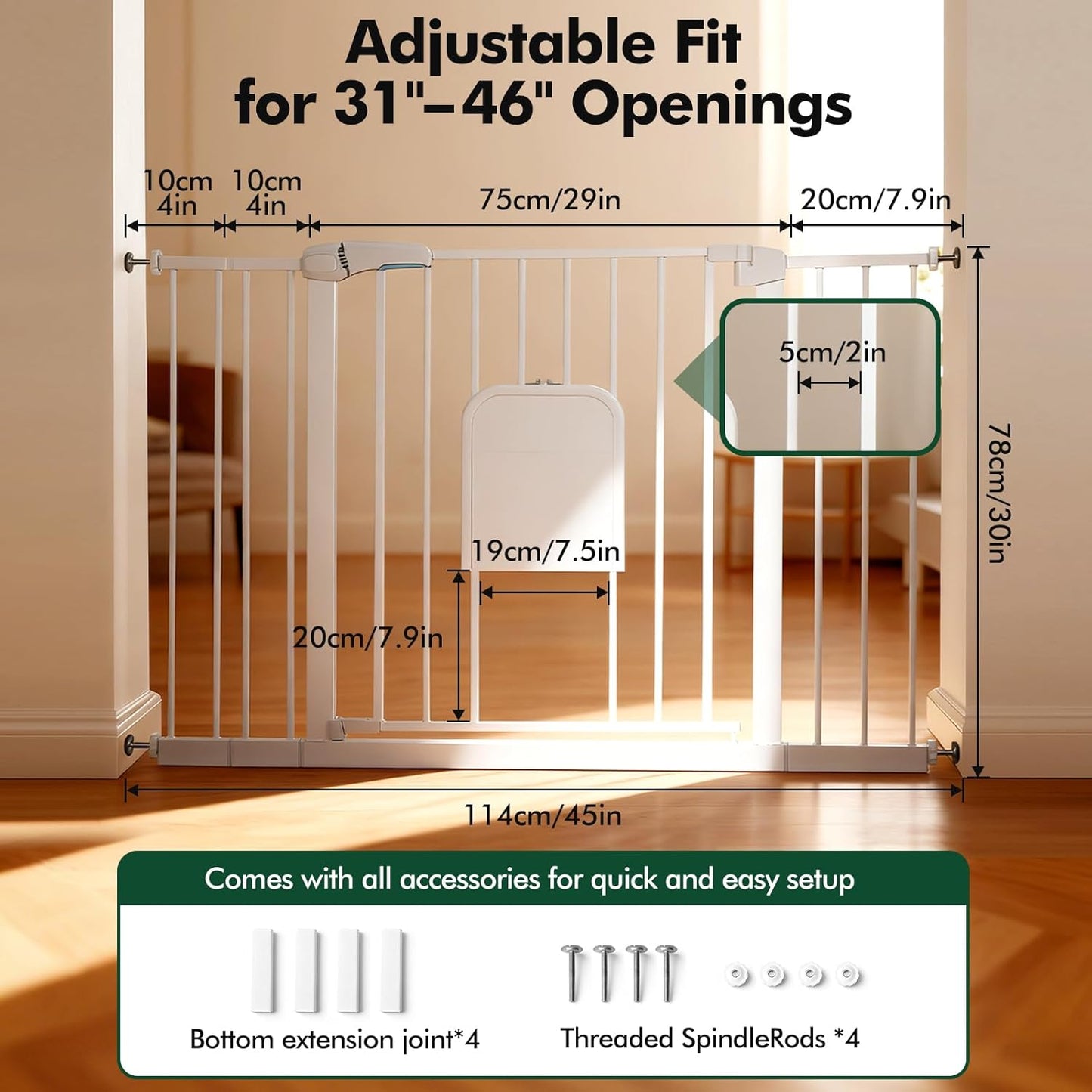 Metal Pet Gate with Cat Door, Adjustable Dog Gate for Doorways & Stairs, Pressure Mounted, Auto-Close, No Tools Needed, 31-46 Inches, Black