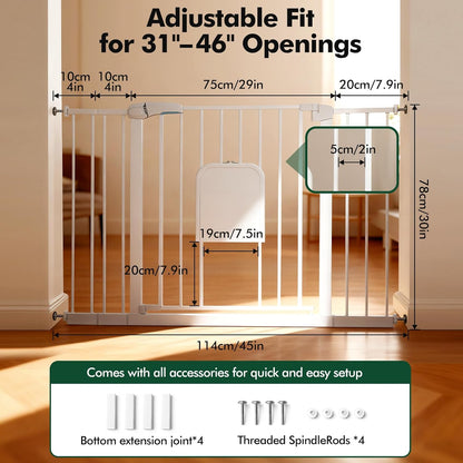 Metal Pet Gate with Cat Door, Adjustable Dog Gate for Doorways & Stairs, Pressure Mounted, Auto-Close, No Tools Needed, 31-46 Inches, Black