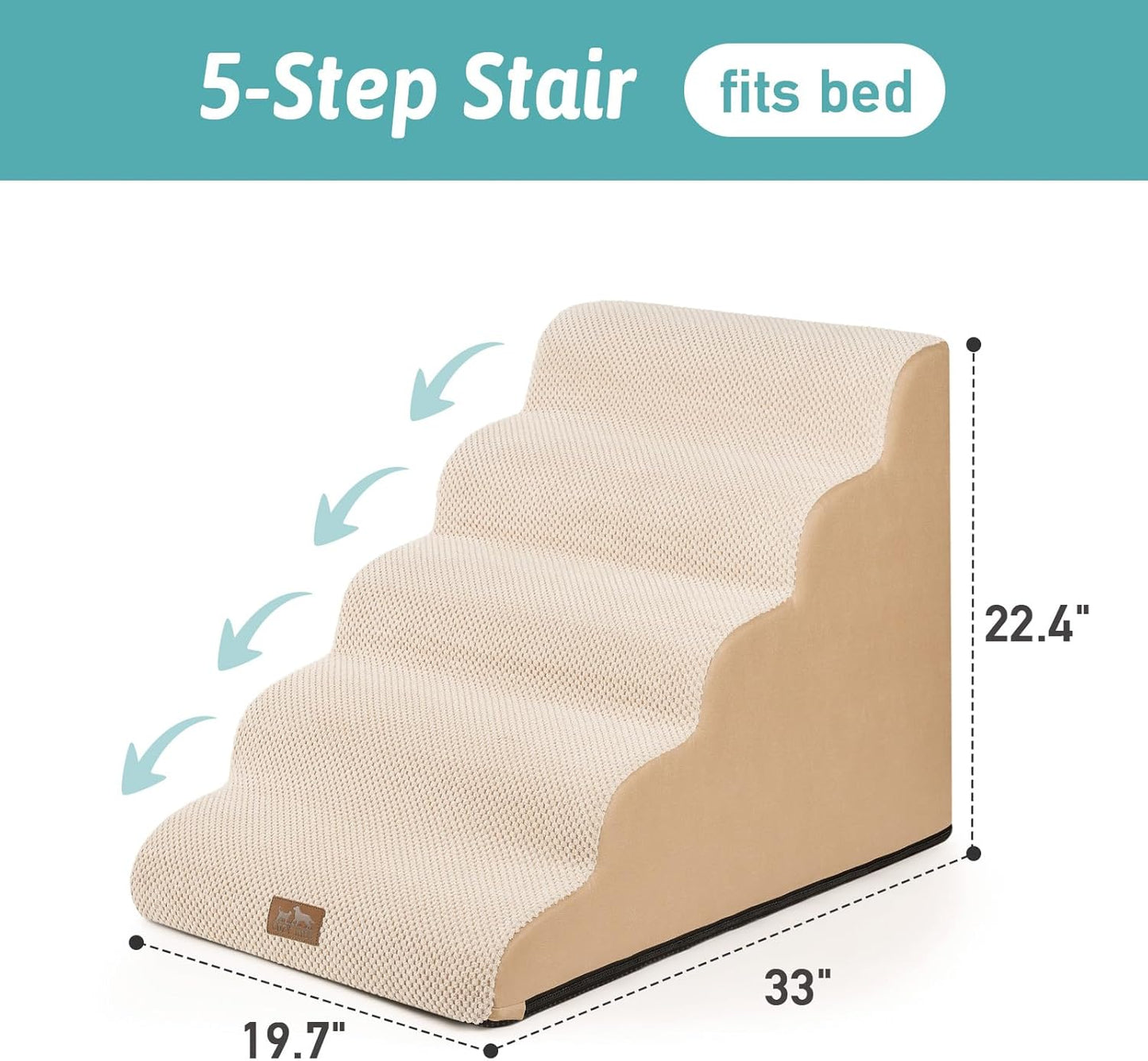 COZY KISS Dog Stairs for Small Dogs 15.7" H, Curved Dog Step for Puppy, Older Cat, Medium Pet Ramp for Sofa, Couch or Chair, Ladder with High Density Foam, 3 Step, 15.7x22.4x15.7 inch, Beige