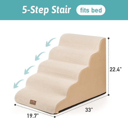 COZY KISS Dog Stairs for Small Dogs 15.7" H, Curved Dog Step for Puppy, Older Cat, Medium Pet Ramp for Sofa, Couch or Chair, Ladder with High Density Foam, 3 Step, 15.7x22.4x15.7 inch, Beige