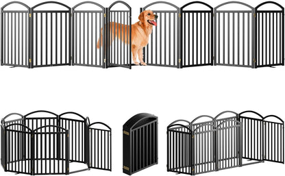 SNUOWU 4 Panels Full Matel Freestanding Dog Gates with Door, 96"Extra Wide 32"Tall Free Standing Dog Pet Gate for Indoor & Outdoor. Foldable Pet Fences for Doorways, House, Stairs, Porch, Deck, Yard
