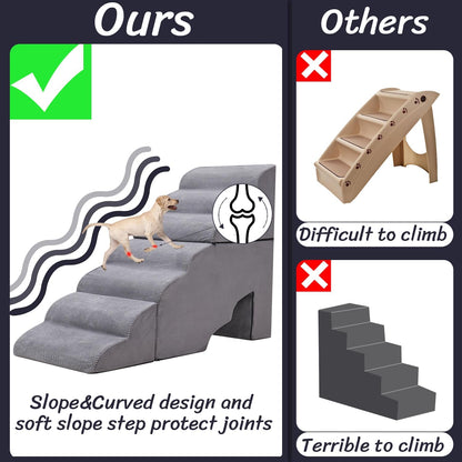 Dog Stairs for High Beds 30-36 inches Tall, 6-Step Dog Steps for Bed 32-36 inches for Small Large Dogs, Doggie Ramp for Bed, 30D Foam Pet Stairs for Old Dogs/Cats, Free-Installation, Grey