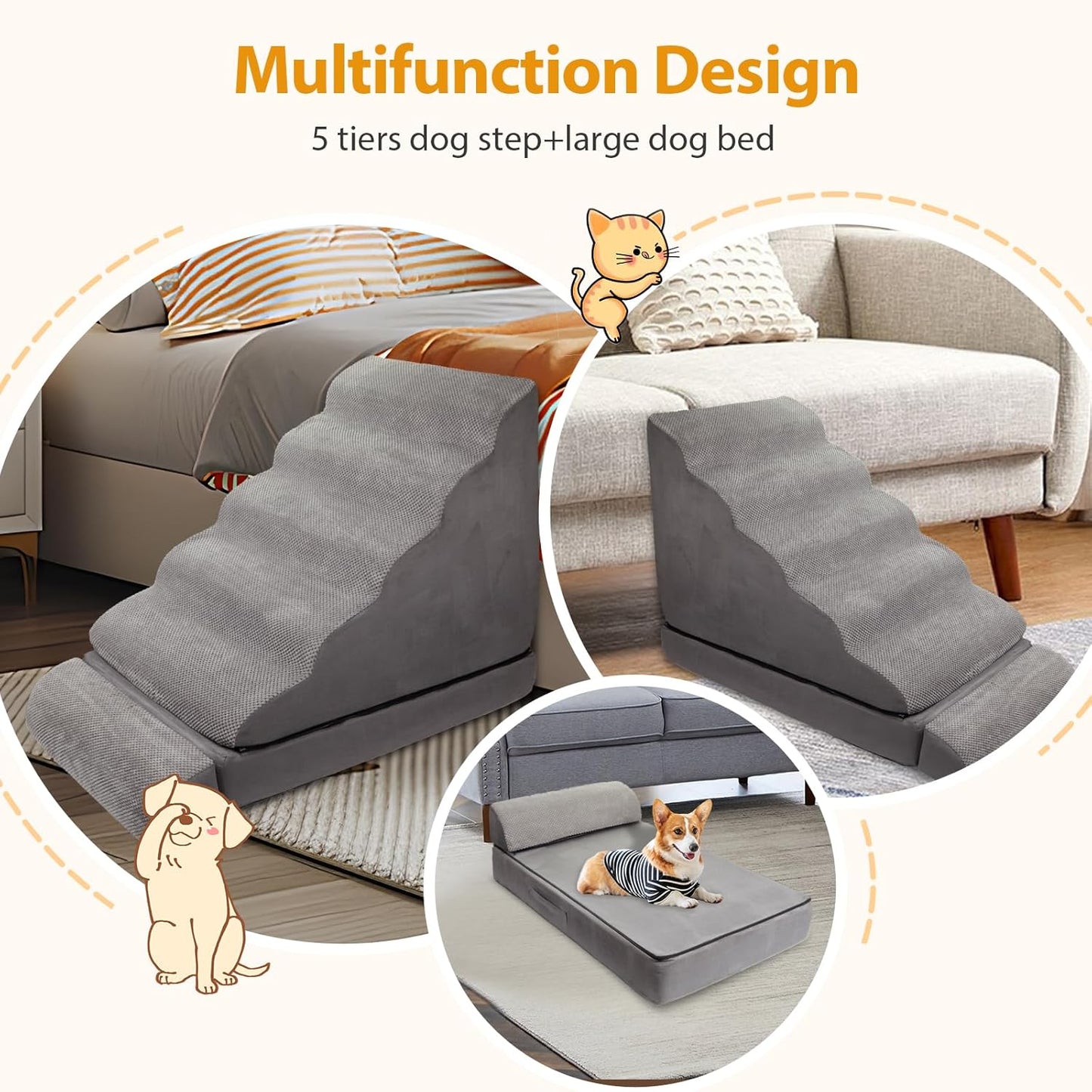 A.FATI Dog Stairs 30 Inches High for 30-36 Inch High Bed, 6-Tier 3-in-1 Foam Pet Steps with Non-Slip Bottom, Detachable Washable Cover, Dog Ramp for Small Old Short-Legged Dogs Up to 50 Lbs