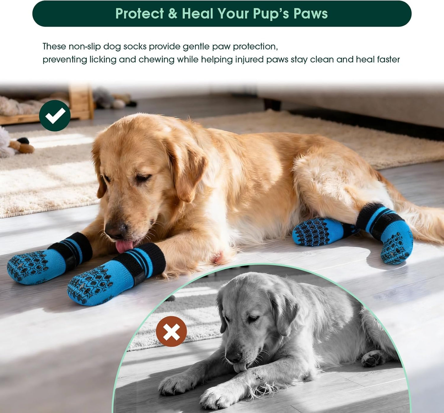 Kuoser Non Slip Dog Socks for Hardwood Floors, 4Pack Anti-Slip Dog Grippy Socks to Prevent Licking Paws, Dogs Booties Paw Protectors with Double-Sided Traction for Small Medium Large Senior Dogs, XS