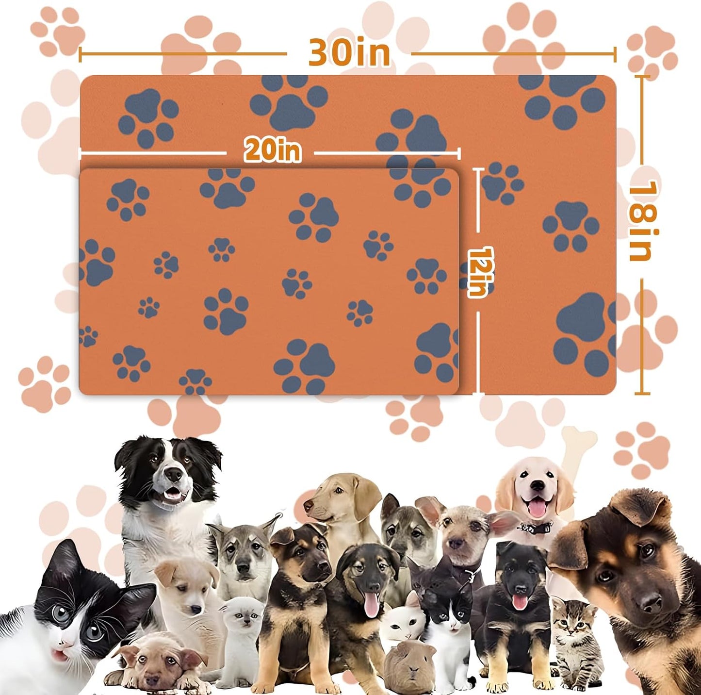 18"×30" Dog Food Mat-Absorbent Dog Mat for Food and Water, No Stains Quick Dry Cat Food Bowl Mat with Footprints for Messy Drinkers,Dark Grey
