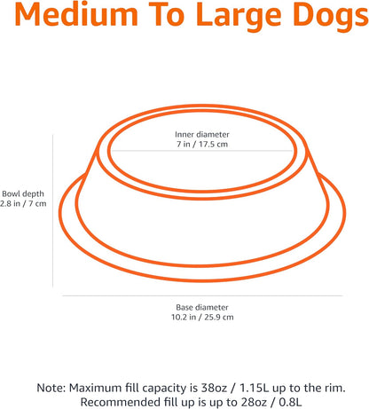 Amazon Basics Stainless Steel Non-Skid Dog Water And Food Bowls, Dishwasher Safe, Rust Resistant, 38oz Capacity, 10 x 2.8 Inches, 2-Pack