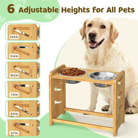 Elevated Dog Bowls, Adjustable Raised Dog Bowl Stand for Medium and Small Dog, 11" High Bamboo Pet Food Feeder with 2 Stainless Steel Dishes（4 Heights）
