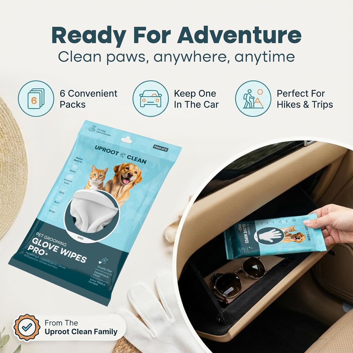 Uproot QuickClean Gloves Pro: Extra-Thick Pet Glove Wipes for Dogs & Cats - Easy Wipe Paws, Eyes, Ears, Butt, & Body - Lick-Safe for Cats & Dogs - Cleaning, Deodorizing & Grooming (20 Pack)