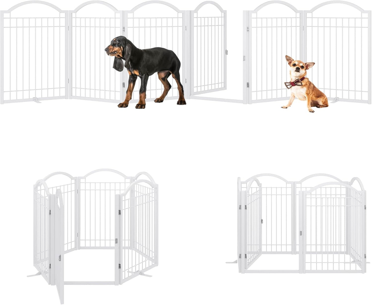 BHG Metal No-Assembly Freestanding Dog Gate with Door Walk Through, Extra Wide 144", Extra Tall 32" Pet Gate, Accordion Puppy Folding Playpen Dog Fence, with 2PCS Support (Black, 6 panesl)