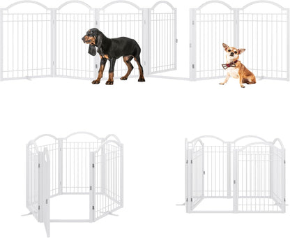 BHG Metal No-Assembly Freestanding Dog Gate with Door Walk Through, Extra Wide 144", Extra Tall 32" Pet Gate, Accordion Puppy Folding Playpen Dog Fence, with 2PCS Support (Black, 6 panesl)