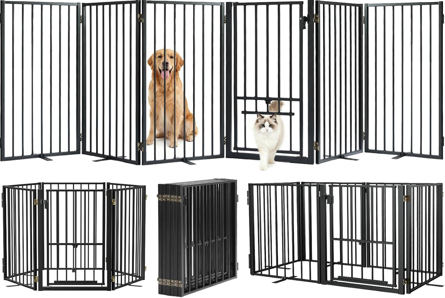 Metal Freestanding Dog Gate with Cat Door for Outdoor Indoor,80" Extra Wide Foldable Pet Fence,30" Tall Dog Gate for Large Opening,Stairs,Hallways,Doorways,Deck,Yard,with 3PCS Support(4 Panels,Black)