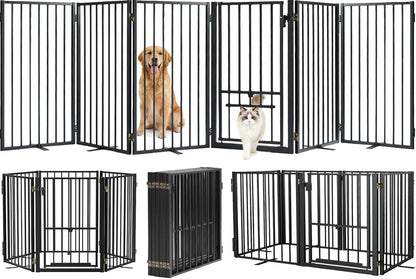 Metal Freestanding Dog Gate with Cat Door for Outdoor Indoor,80" Extra Wide Foldable Pet Fence,30" Tall Dog Gate for Large Opening,Stairs,Hallways,Doorways,Deck,Yard,with 3PCS Support(4 Panels,Black)