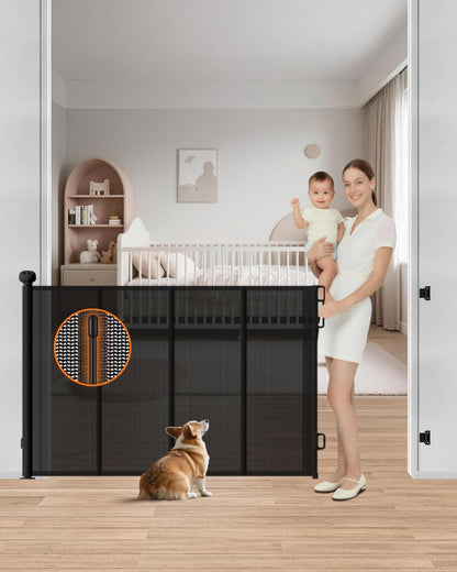 Retractable Baby Gate, 55" Wide Mesh Gate with 4 Reinforced Rods, Prevents Kids & Dogs from Crawling Under, 34" Tall Easy-to-Use Pet Gate for Stairs, Bedrooms, Hallways, Indoor/Outdoor, White