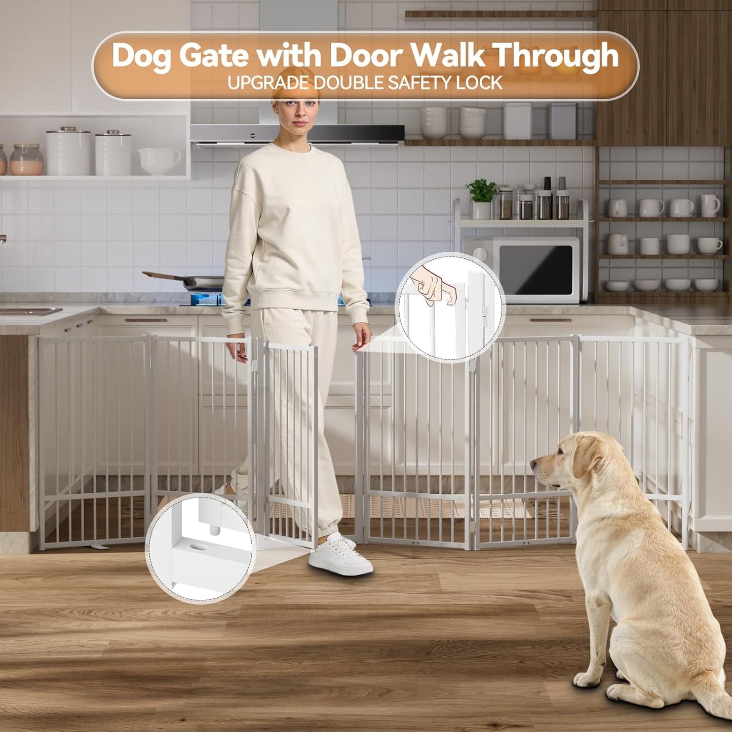 SNUOWU Full Metal Freestanding Dog Gate with Door, 32''Height Foldable Pet Dog Fence for Indoor & Outdoor, 4 Panels Extra Wide Free Standing TallDog Gates for Doorways,House,Stairs,Porch,Deck,Yard
